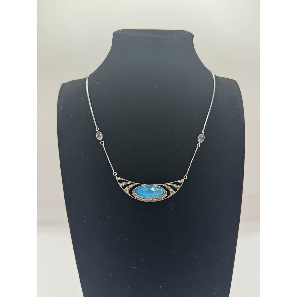 Sterling Silver 925 Blue Stone Filigree Pendant Necklace
